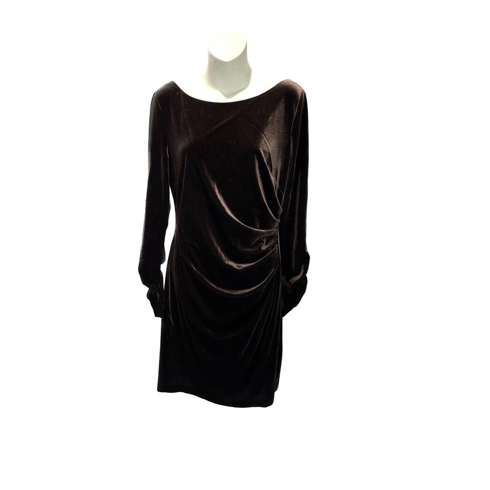 Vince Camuto velvet long sleeve Ruched crewneck brown midi dress VC2-0563 Sz 12